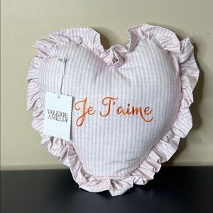 Valerie & Amelia | Pink Embroidered Striped Heart Pillow “Je T’aime” 🇫🇷💗